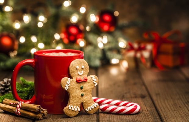 Taza de chocolate caliente casero con y galletas de Navidad tiro en la mesa de Navidad de madera rústica. Las luces navideñas amarillas y la decoración navideña completan la composición. Los colores predominantes son el rojo y el marrón. Foto de estudio DSRL en clave baja tomada con la Canon EOS 5D Mk II y el Canon EF 100mm f/2.8L Macro IS USM
